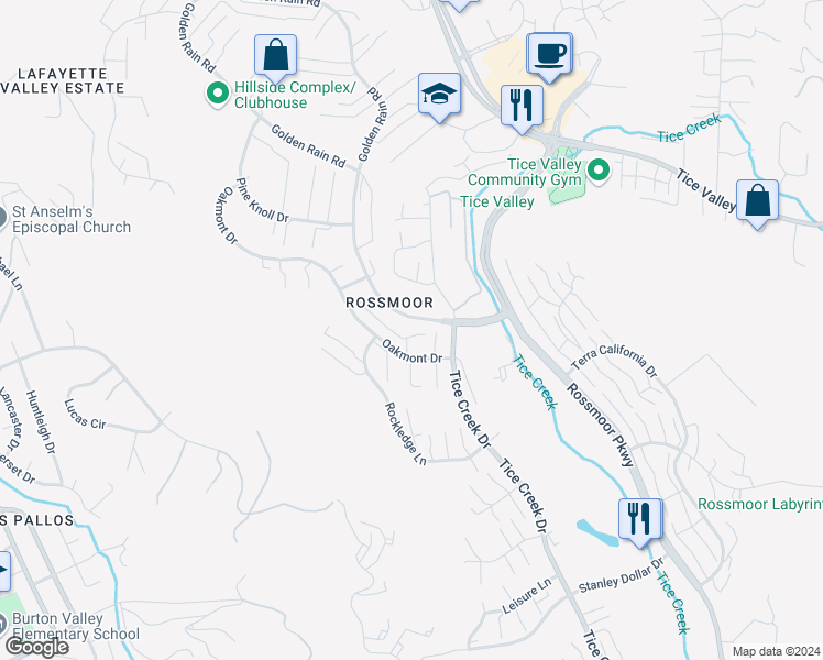 map of restaurants, bars, coffee shops, grocery stores, and more near 1133 Golden Rain Road in Walnut Creek