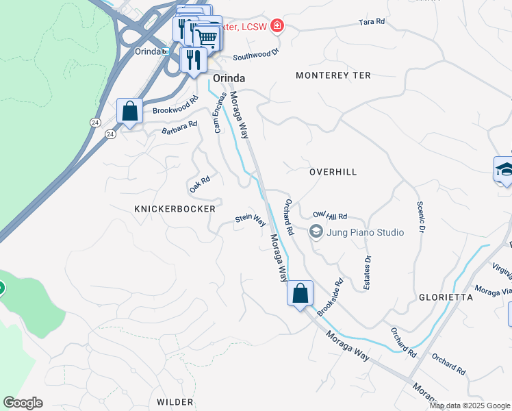 map of restaurants, bars, coffee shops, grocery stores, and more near 122 Stein Way in Orinda