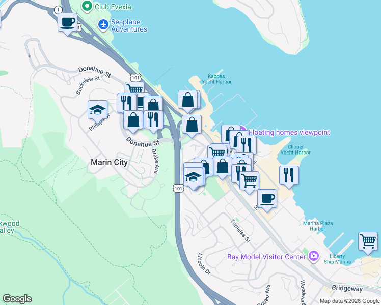 map of restaurants, bars, coffee shops, grocery stores, and more near 144 Stanford Way in Sausalito