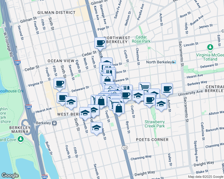 map of restaurants, bars, coffee shops, grocery stores, and more near 1095 Hearst Avenue in Berkeley