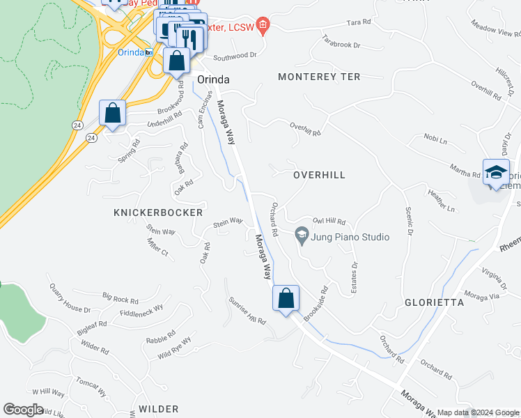 map of restaurants, bars, coffee shops, grocery stores, and more near 143 Moraga Way in Orinda