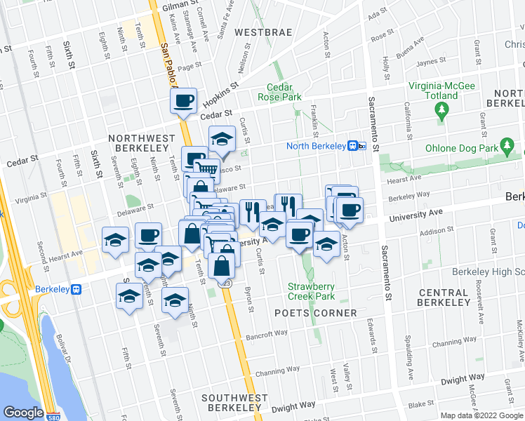 map of restaurants, bars, coffee shops, grocery stores, and more near 1236 Hearst Avenue in Berkeley