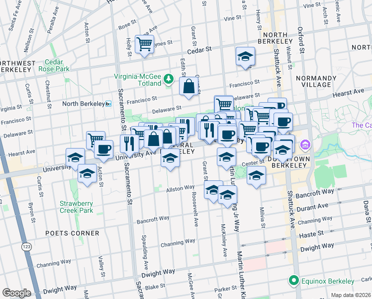 map of restaurants, bars, coffee shops, grocery stores, and more near 1732 University Avenue in Berkeley