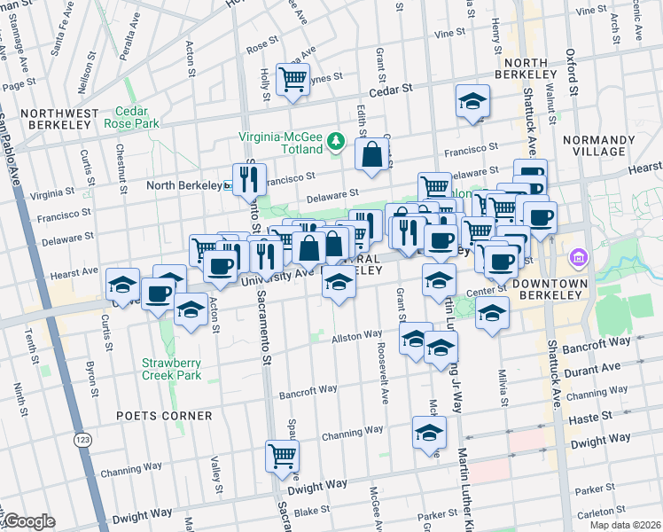 map of restaurants, bars, coffee shops, grocery stores, and more near 1658 University Avenue in Berkeley