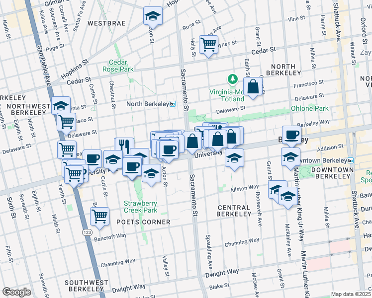 map of restaurants, bars, coffee shops, grocery stores, and more near 1475 University Avenue in Berkeley