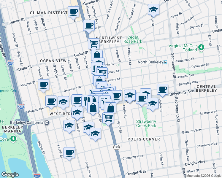 map of restaurants, bars, coffee shops, grocery stores, and more near 1095 Hearst Avenue in Berkeley