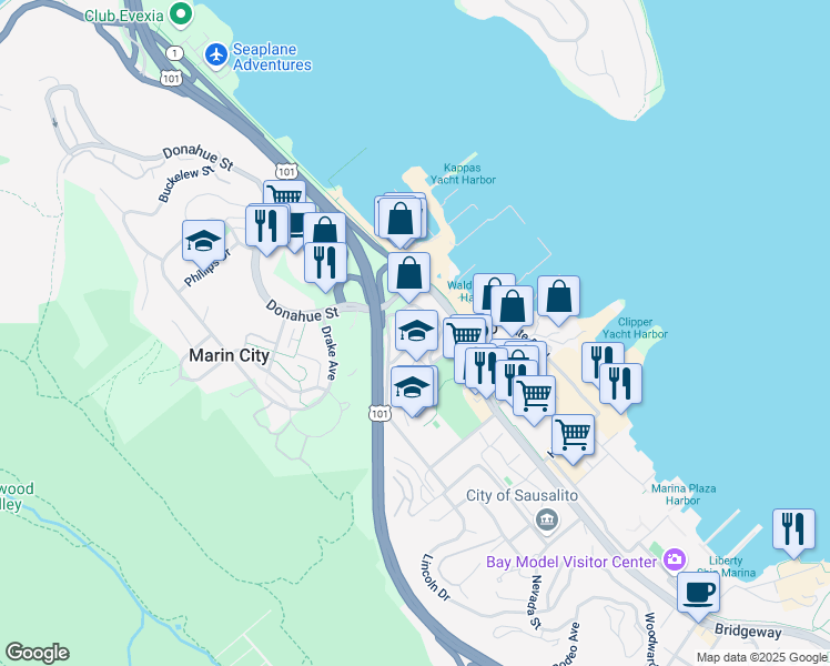 map of restaurants, bars, coffee shops, grocery stores, and more near 41 Stanford Way in Sausalito