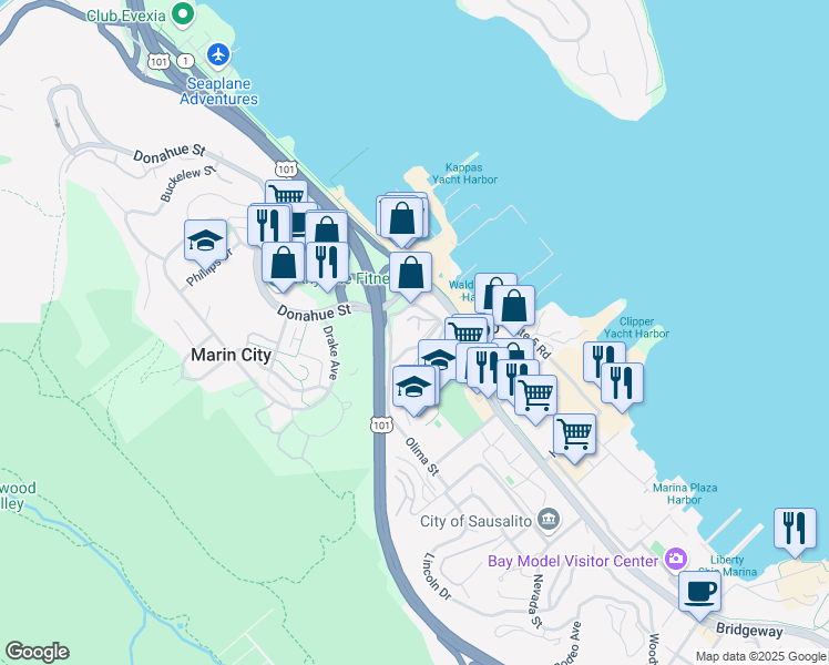 map of restaurants, bars, coffee shops, grocery stores, and more near 144 Stanford Way in Sausalito