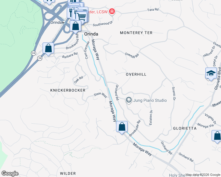 map of restaurants, bars, coffee shops, grocery stores, and more near 143 Moraga Way in Orinda