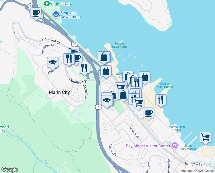 map of restaurants, bars, coffee shops, grocery stores, and more near 41 Stanford Way in Sausalito