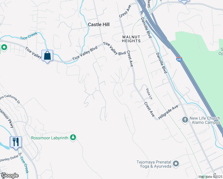 map of restaurants, bars, coffee shops, grocery stores, and more near 144 Castle Crest Road in Alamo