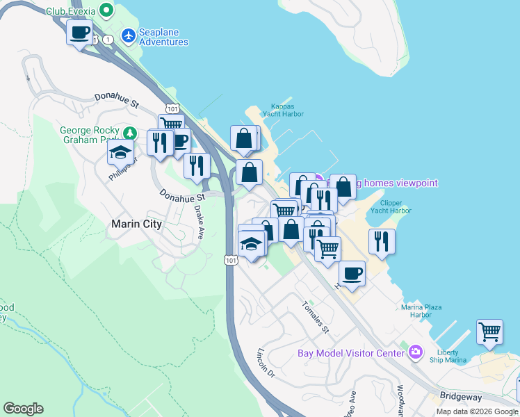 map of restaurants, bars, coffee shops, grocery stores, and more near 41 Stanford Way in Sausalito