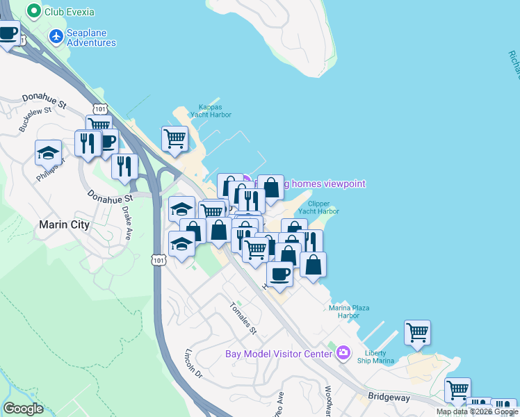 map of restaurants, bars, coffee shops, grocery stores, and more near 265 Gate 5 Road in Sausalito