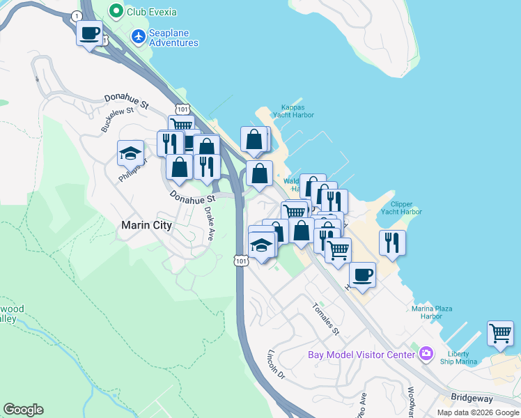 map of restaurants, bars, coffee shops, grocery stores, and more near 144 Stanford Way in Sausalito
