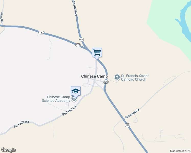 map of restaurants, bars, coffee shops, grocery stores, and more near 13668 Red Hill Road in Chinese Camp