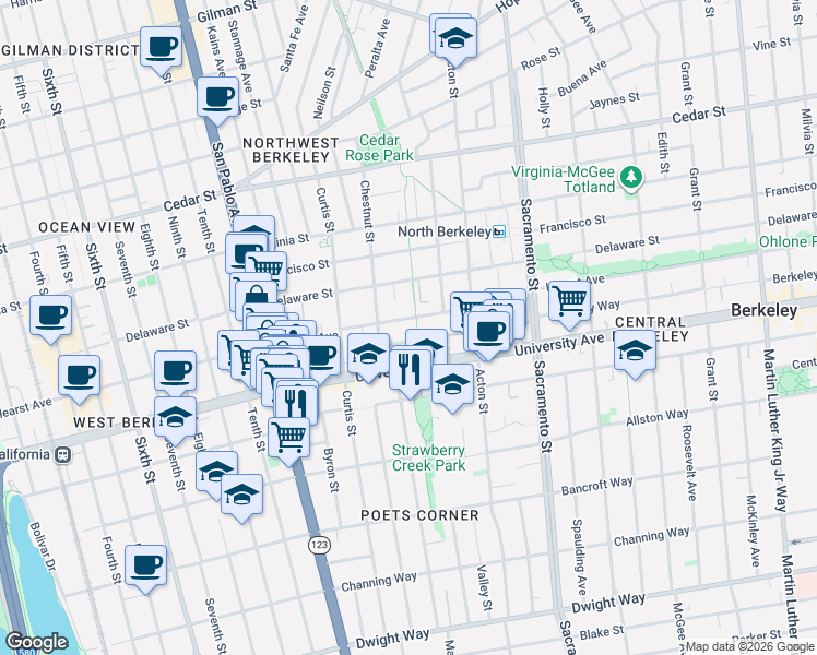 map of restaurants, bars, coffee shops, grocery stores, and more near in Berkeley