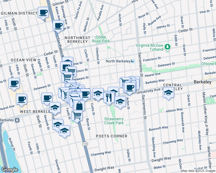 map of restaurants, bars, coffee shops, grocery stores, and more near in Berkeley