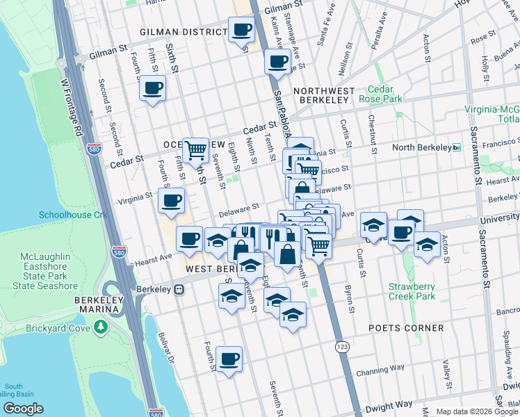 map of restaurants, bars, coffee shops, grocery stores, and more near 1819 Ninth Street in Berkeley
