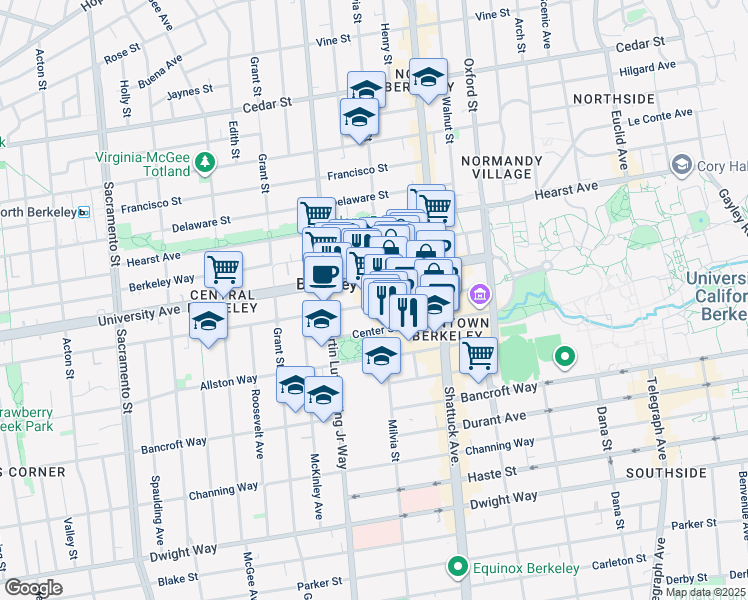 map of restaurants, bars, coffee shops, grocery stores, and more near 1935 Addison Street in Berkeley