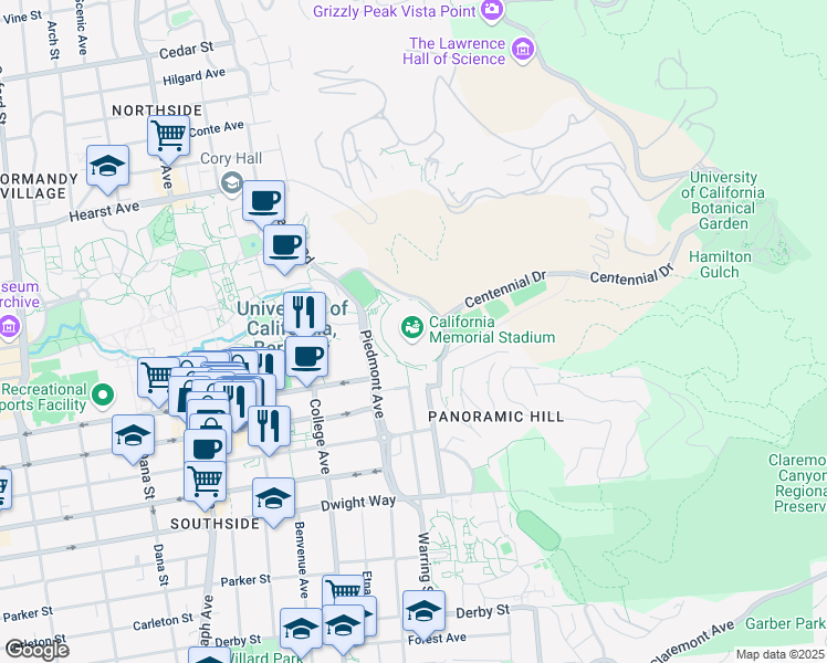 map of restaurants, bars, coffee shops, grocery stores, and more near 210 Stadium Rim Way in Berkeley