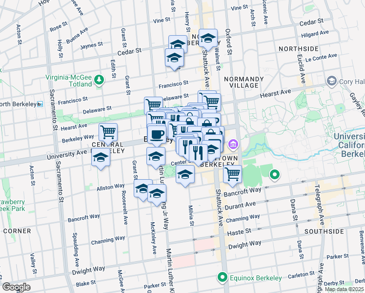 map of restaurants, bars, coffee shops, grocery stores, and more near 1972-1998 Center Street in Berkeley