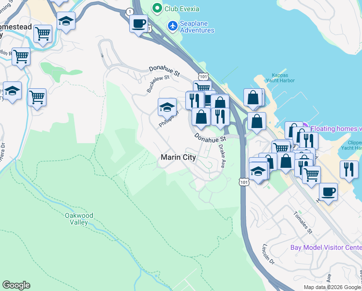 map of restaurants, bars, coffee shops, grocery stores, and more near 54 Terrace Drive in Sausalito