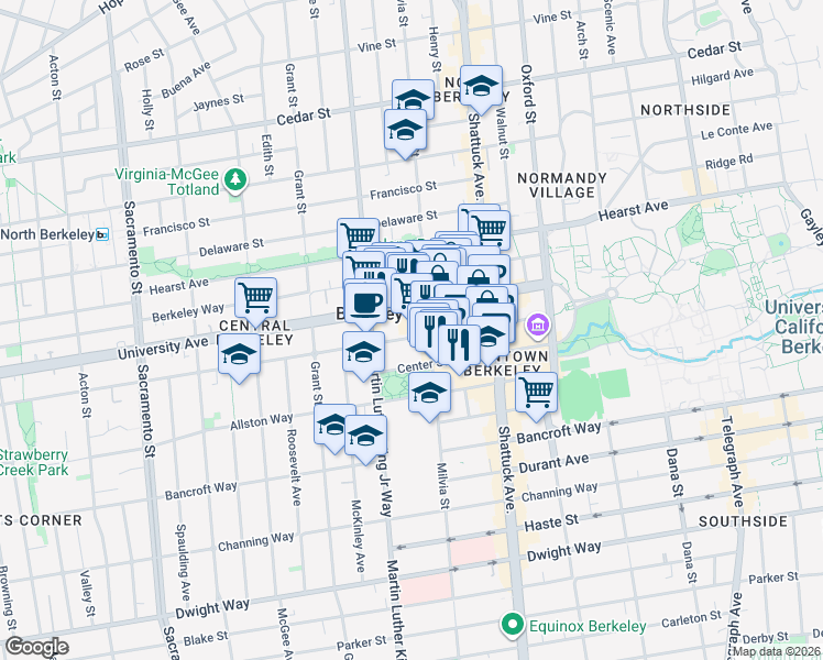 map of restaurants, bars, coffee shops, grocery stores, and more near 1972-1998 Center Street in Berkeley