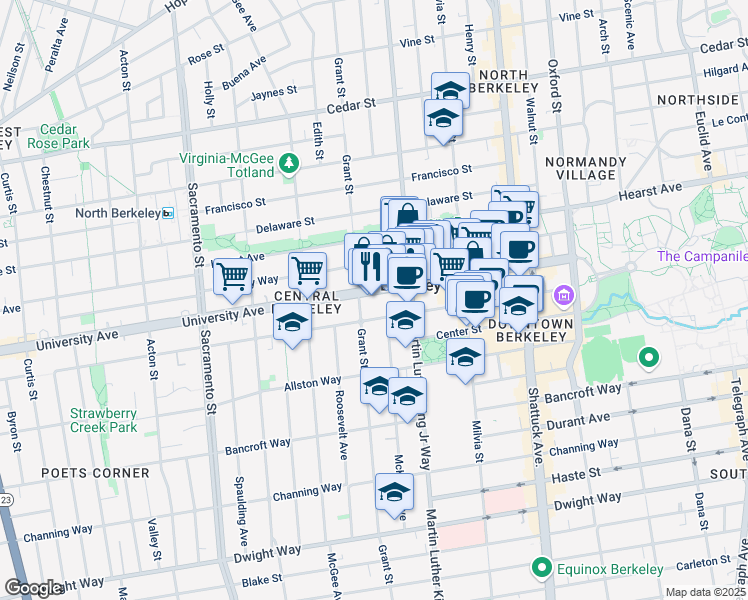 map of restaurants, bars, coffee shops, grocery stores, and more near 1823 Addison Street in Berkeley