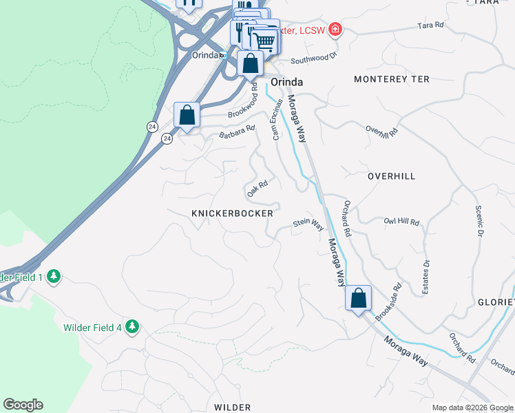 map of restaurants, bars, coffee shops, grocery stores, and more near 78 Oak Road in Orinda