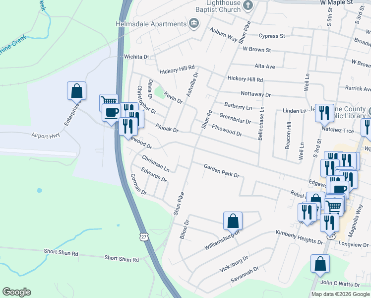 map of restaurants, bars, coffee shops, grocery stores, and more near 1207 Shun Pike in Nicholasville