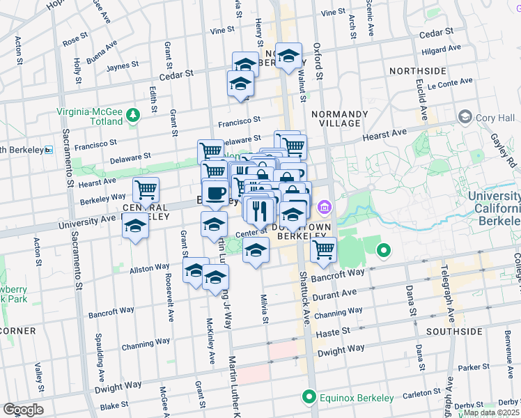 map of restaurants, bars, coffee shops, grocery stores, and more near 1972-1998 Center Street in Berkeley