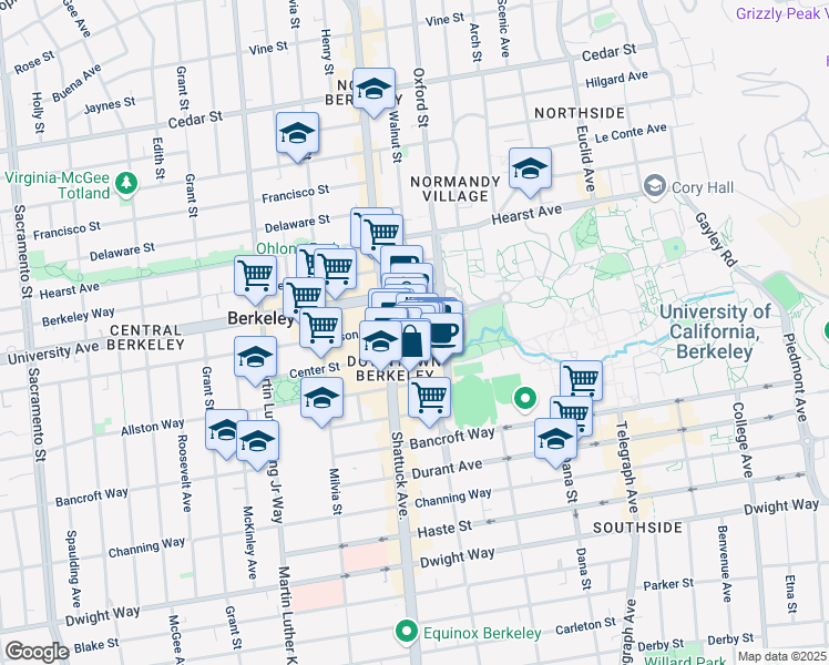 map of restaurants, bars, coffee shops, grocery stores, and more near 2150 Center Street in Berkeley