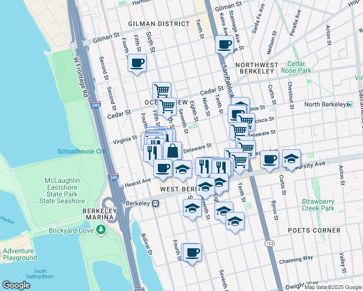 map of restaurants, bars, coffee shops, grocery stores, and more near 1803 Sixth Street in Berkeley