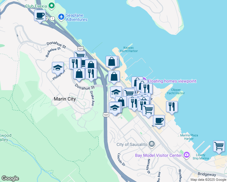 map of restaurants, bars, coffee shops, grocery stores, and more near 144 Stanford Way in Sausalito