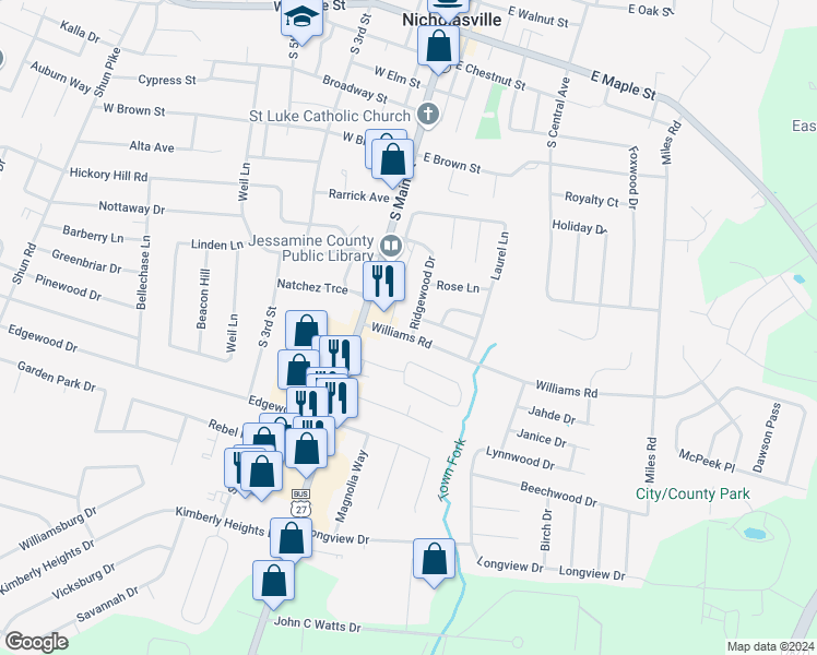 map of restaurants, bars, coffee shops, grocery stores, and more near 305 Williams Road in Nicholasville