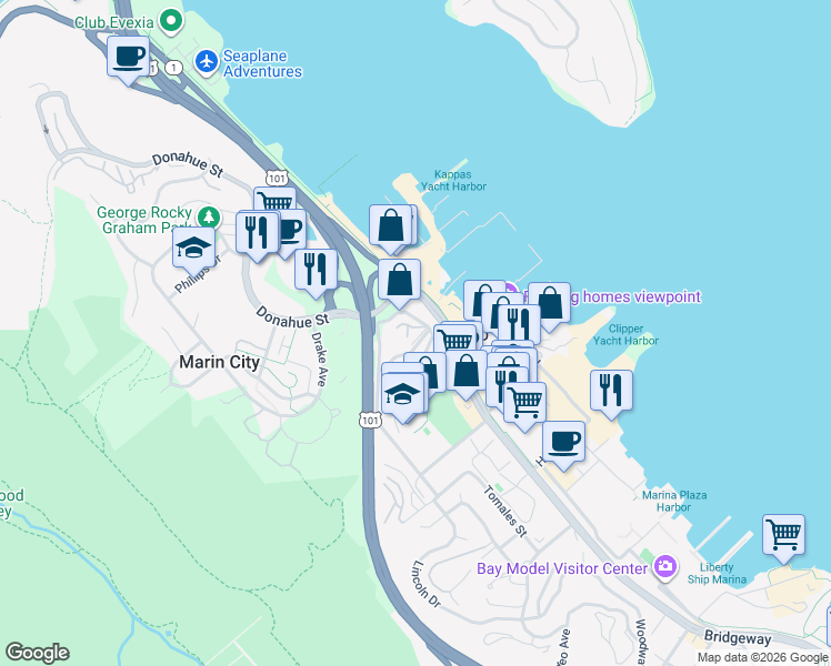 map of restaurants, bars, coffee shops, grocery stores, and more near 41 Stanford Way in Sausalito