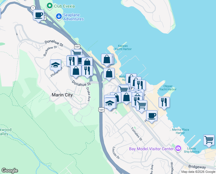map of restaurants, bars, coffee shops, grocery stores, and more near 144 Stanford Way in Sausalito