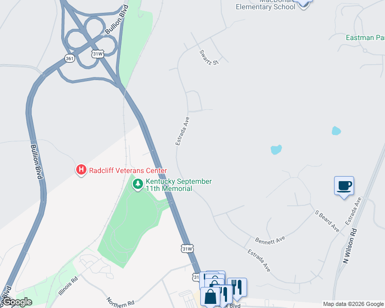map of restaurants, bars, coffee shops, grocery stores, and more near 8117 Estrada Avenue in Fort Knox