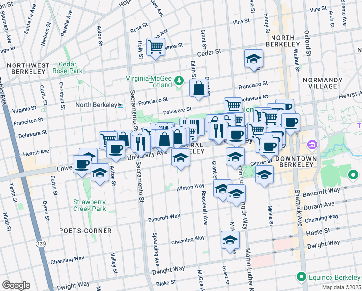 map of restaurants, bars, coffee shops, grocery stores, and more near 1658 University Avenue in Berkeley
