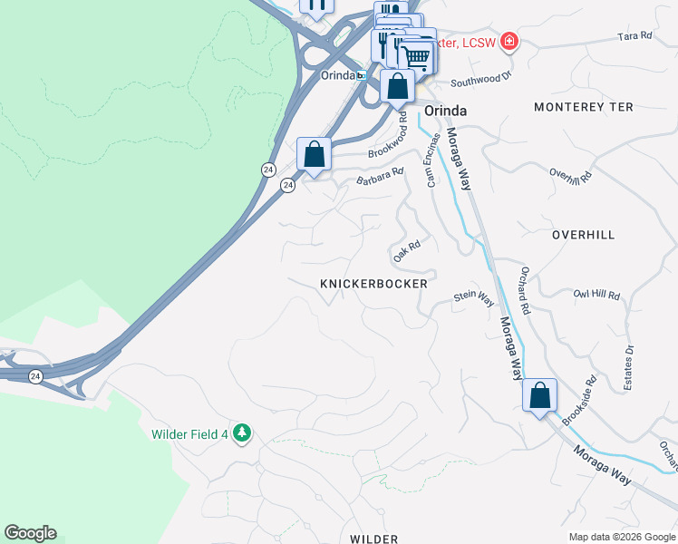 map of restaurants, bars, coffee shops, grocery stores, and more near 47 Knickerbocker Lane in Orinda