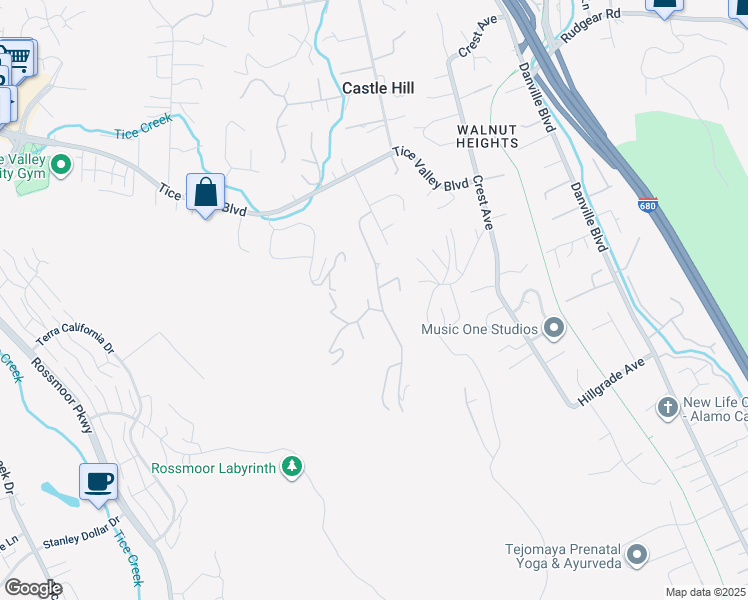 map of restaurants, bars, coffee shops, grocery stores, and more near 205 Castle Hill Ranch Road in Walnut Creek