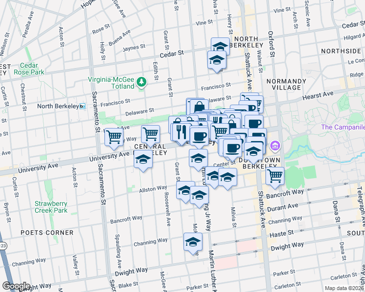 map of restaurants, bars, coffee shops, grocery stores, and more near 1812 University Avenue in Berkeley