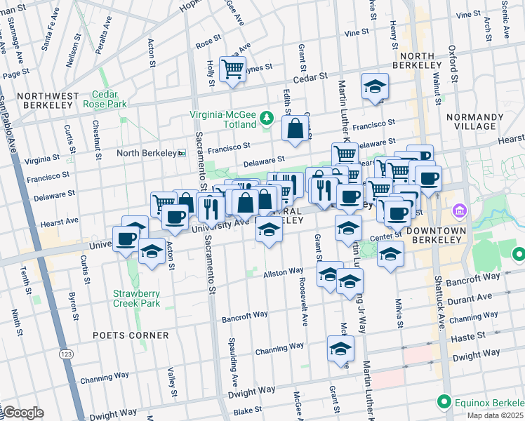 map of restaurants, bars, coffee shops, grocery stores, and more near 1658 University Avenue in Berkeley