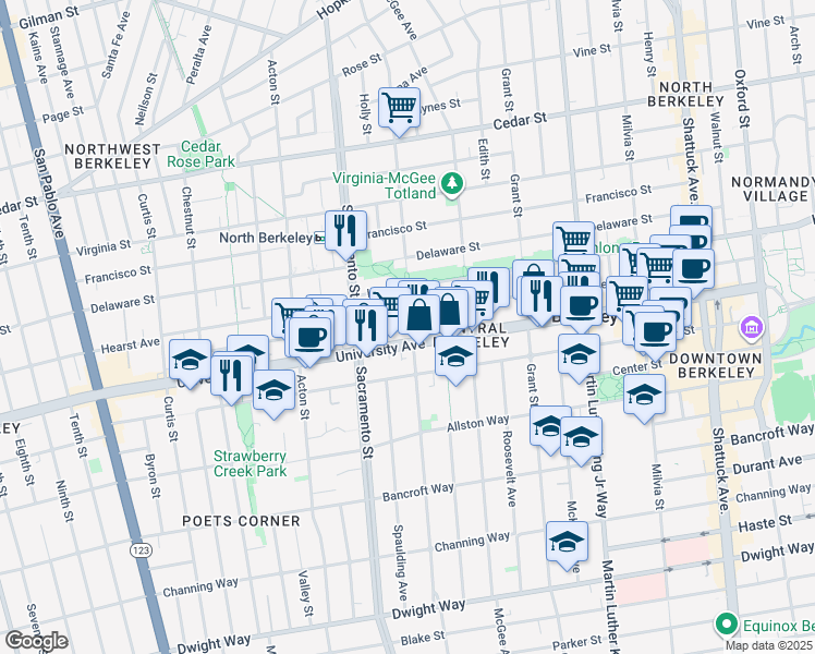 map of restaurants, bars, coffee shops, grocery stores, and more near 1598 University Avenue in Berkeley