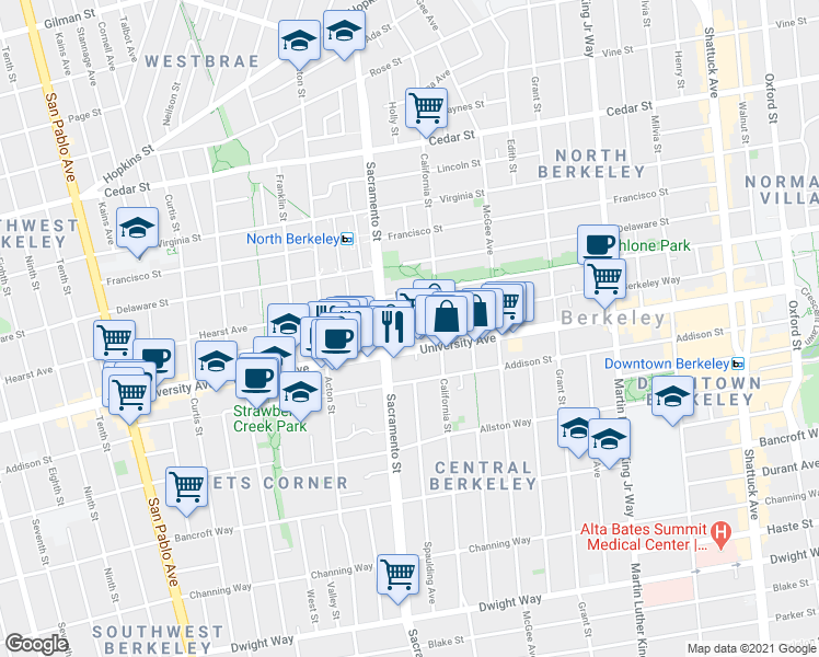 map of restaurants, bars, coffee shops, grocery stores, and more near in Berkeley