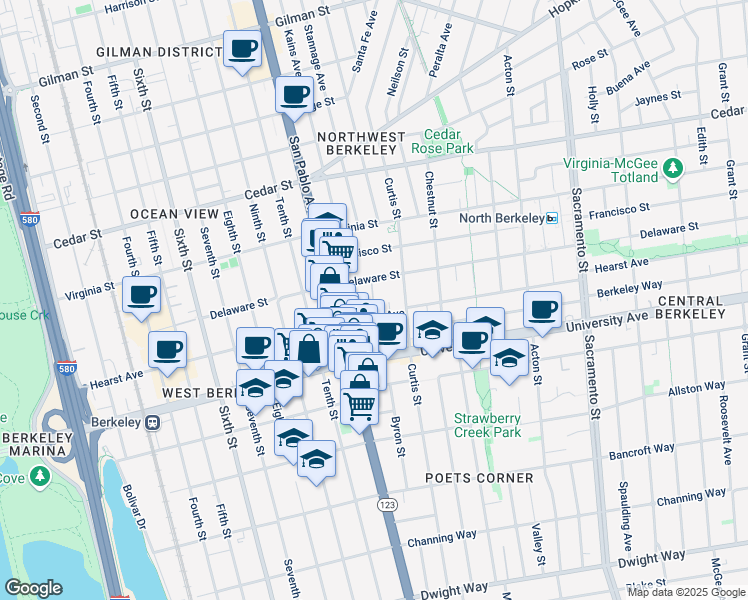 map of restaurants, bars, coffee shops, grocery stores, and more near 1156 Hearst Avenue in Berkeley