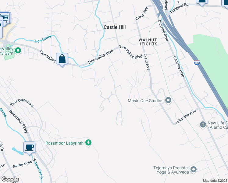 map of restaurants, bars, coffee shops, grocery stores, and more near 205 Castle Hill Ranch Road in Walnut Creek