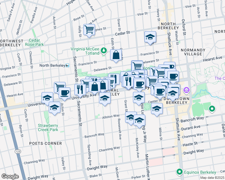 map of restaurants, bars, coffee shops, grocery stores, and more near in Berkeley