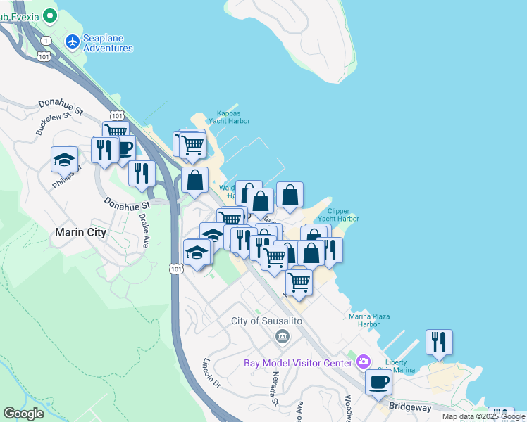 map of restaurants, bars, coffee shops, grocery stores, and more near 150 Gate 5 Road in Sausalito