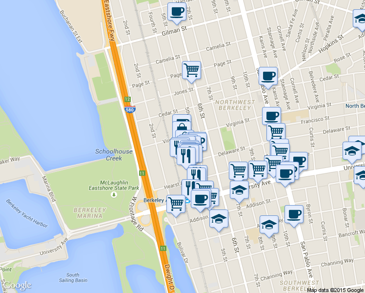 map of restaurants, bars, coffee shops, grocery stores, and more near 1710 4th St in Berkeley